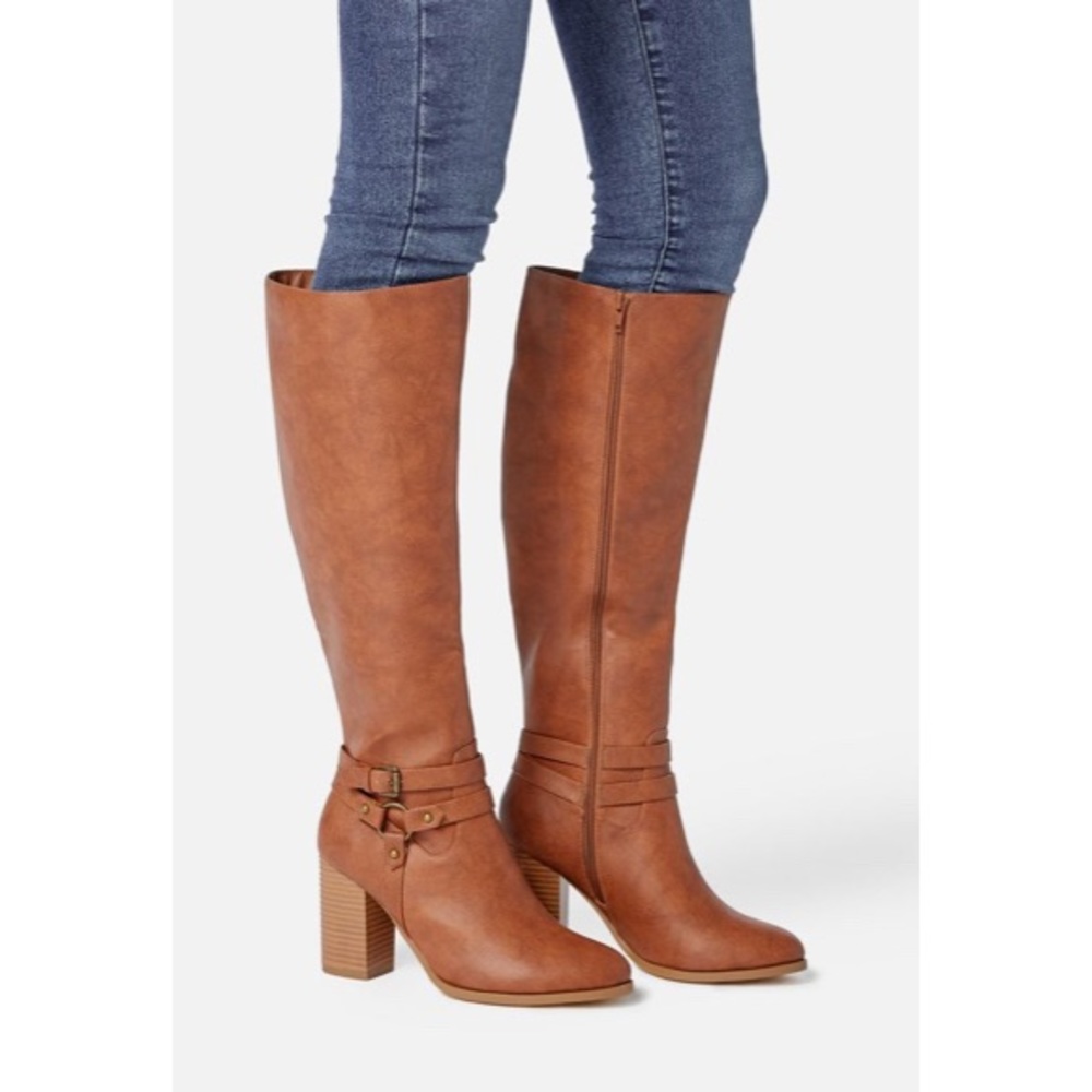 NWT JustFab Cognac Faux Leather Ariel Harness Boot, Sz. 8.5
